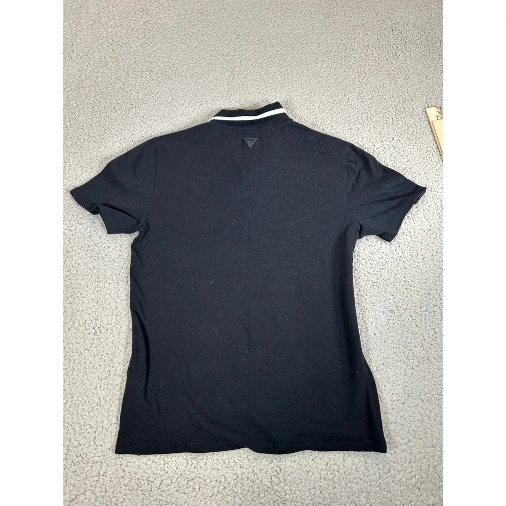 Guess Mens Black 1/4 Zip Polo Shirt Short Sleeve Logo Tape‎ Shoulder Small